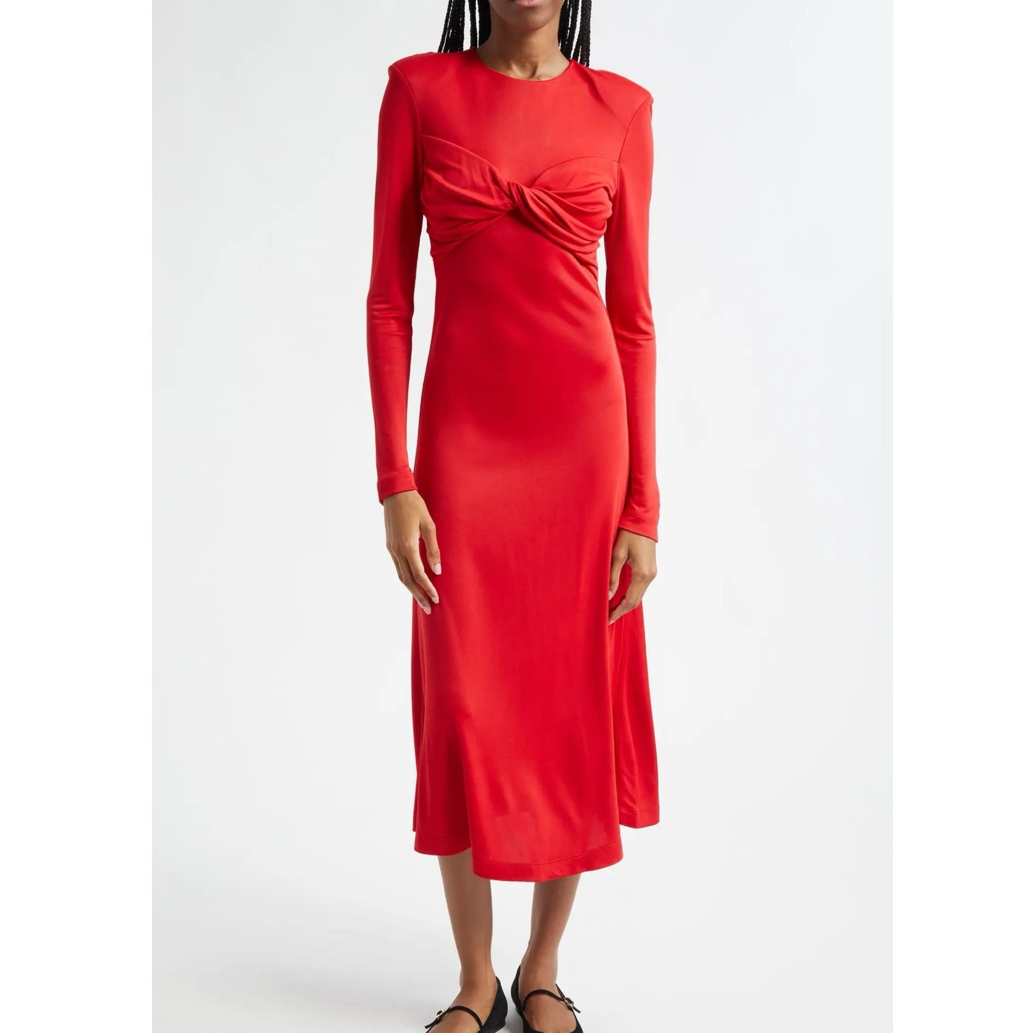 Farm Rio Red Twisted Jersey Midi Dress Xs Long Sleeve Date Night Ruched Sexy
